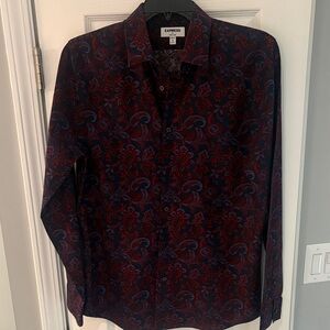 Express Men's Burgundy and Navy Paisley Shirt